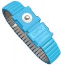Preview: The image shows a bracelet-like device in bright blue with a flexible, ribbed structure and a round silver clasp. It has a distinctive embossing 
