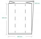 Preview: The image displays a technical drawing of a folded paper or document. The dimensions are specified: 500 mm high, 440 mm wide, and 340 mm at the top. Dashed lines indicate the folding lines.