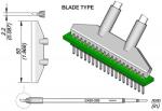 Preview: The image displays a technical drawing of a component. At the top, there is a flat, rectangular chip with two terminals and an assembly consisting of many small pins. At one end, a detailed view of a pin is shown.