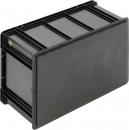 Preview: The image shows a rectangular, black plastic box with smooth walls and a flat top. It has side handles and is suitable for storing items.