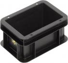 Preview: The image shows a rectangular, black plastic container. It has four walls and an open interior. There are small holes on the sides, likely for attachments.