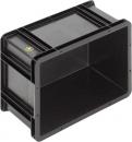 Preview: The image shows a rectangular, black plastic box. It has smooth walls and an open top. The box is sturdy and could be used for storing or transporting items.