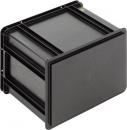 Preview: The image shows a square, black plastic box with a flat lid. It has a robust structure with grooves on the sides for stability and a minimalist, functional style.