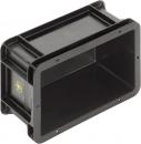 Preview: The image depicts a rectangular, black plastic container without a lid. It has rounded corners and sidewalls that taper slightly inward.
