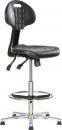 Preview: The image shows a black swivel stool with a padded seat and backrest. It has a metal base with a foot ring and is height adjustable.