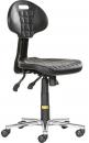 Preview: The chair is black with a padded seat and a curved backrest. It has casters and a height-adjustable gas spring, as well as controls under the seat.