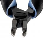 Preview: The image shows the tips of a side cutter. The blades are sharp and v-shaped, with a round swivel mechanism in the center. The handle is black with blue elements.