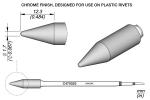Preview: The image shows a technical drawing of a conical tool with a chromed finish. Dimensions and a label are provided, describing its use with plastic rivets.