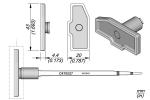 Preview: The image displays a technical drawing of a component. It features a flat, rectangular structure with dimensions. A long pin extends from the base, on which a small cylindrical part is seated.