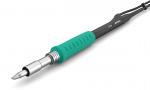 Preview: The image shows a soldering iron with a metallic tip and an ergonomic, green-rubberized handle. The handle has ridged structures for better grip. The cable connection is black.