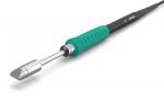 Preview: The image shows a soldering iron with an ergonomic, green handle and a metallic soldering tip. The handle is ridged for better grip. A cable runs from the handle.