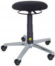Preview: The image shows a black stool with a round, padded seat. It has an adjustable height and stands on a chrome-colored base with five wheels for mobility.