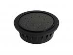 Preview: The image depicts a round, flat filter. It has a gray, textured top with small holes and a black rim. The bottom is ribbed and slightly curved outward.
