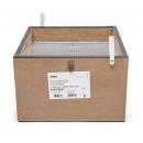 Preview: The image shows a square, brown cardboard box with a fine grid on the top. On the front side, there is a label with information and a small handle.