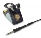 Preview: The image shows a soldering station with a semi-circular stand for a soldering iron. It is placed next to a cleaning spiral and a sponge for cleaning the soldering tip.
