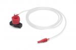 Preview: The image shows a small, red liquid connector with a rotatable cap. Attached to a transparent hose is another, reddish connector.