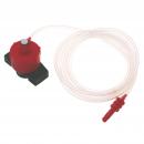 Preview: The image shows a red pump with a transparent hose extending from the pump housing. At the end of the hose, there is a red connector. The pump has a square base.