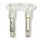 Preview: The image shows a clear socket insert with two metallic contacts. The contacts are each long, flat pins protruding from a transparent plastic base.