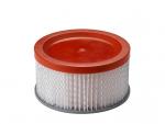 Preview: The image shows a round air filter. It has a red, smooth lid and a white, ribbed filter core. The edge is gray and the overall shape is flat with a raised top.