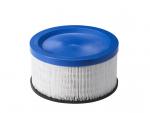 Preview: The image shows a round air filter. It has a blue top part and a white, pleated bottom part. The filter has a flat, black base and is used for air purification.