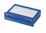 Preview: The image shows a rectangular air filter with a blue plastic frame. The filter media are white and pleated, with a note on proper handling.