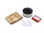 Preview: The image displays a cleaning set: a brown vacuum cleaner bag, a round air filter with a black lid, and a red, rectangular filter. Instructions are included beside it.