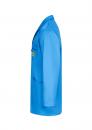 Preview: The picture shows a blue lab coat. It has long sleeves, a collarless neckline, and a pocket on the left side. The fabric appears smooth and light.