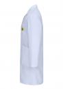 Preview: The image displays a white lab coat. It features long sleeves, a chest pocket on the left side, and a yellow emblem or label on the chest. The coat is simple and functional.