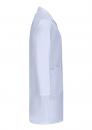 Preview: The image depicts a white coat in profile. It has long sleeves, a collar, and a side pocket. The fabric appears smooth and lightweight. The coat extends to mid-thigh.