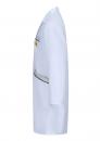 Preview: The image shows a white coat made from a lightweight, smooth material. The coat has long sleeves, a chest pocket, and a narrow, dark stripe along the pocket.
