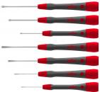 Preview: The image shows a series of screwdrivers in various sizes. The handles are gray with red ends. The heads are narrow and metallic, suitable for fine screws.