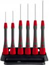 Preview: The image shows a set of six screwdrivers in various sizes. The handles are black with red accents. They are standing on a black holder.