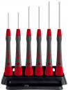 Preview: The image shows six screwdrivers with red handles and silver blades, standing on a black stand. The handles are ergonomically shaped and have a non-slip surface.