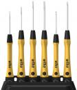Preview: The image shows a set of six screwdrivers on a stand. The handles are yellow with a rubberized surface, and the tips are metallic shiny and of varying lengths.
