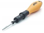 Preview: The image shows a screwdriver with an orange, ergonomic handle and a black shaft. At the tip is a replaceable blade that is flat and narrow.