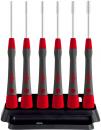 Preview: The image shows a stand with six electric toothbrushes. Each brush has a red handle and a gray design. They are mounted on a stable black base.