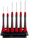 Preview: The image shows six screwdrivers in a holder. The handles are red and gray, the blades are long and silver. They are neatly lined up on a black base.