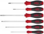 Preview: The image shows six screwdrivers in a row. They have ergonomic, red-black handles and different blades: two Phillips and two flathead screwdrivers.