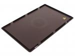 Preview: The image shows a rectangular, dark plastic tray. It has rounded corners and lateral grooves for better grip. In one corner, there is a yellow warning symbol.