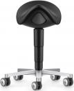Preview: The image shows a black work stool on wheels. The seat is ergonomically shaped and has a curved contour. The stool features an adjustable, cylindrical stand.