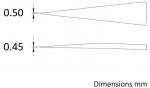Preview: The image shows two elongated, pointed shapes that run from top to bottom. Next to each shape, measurements in millimeters are provided: 0.50 mm at the top and 0.45 mm at the bottom.