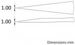 Preview: The image shows two simplified, trapezoidal objects in top view. Both have a height of 1 mm, the upper one is sharper, the lower one flatter. Labels indicate the dimensions in millimeters.