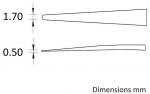 Preview: The image shows two elongated objects of different widths. On the left is a thinner end measuring 1.70 mm and on the right an even narrower end measuring 0.50 mm. Both are depicted in a stylized manner.