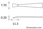 Preview: The image displays technical drawings of two tool shapes with dimensions in millimeters: a conical tip (7.70 mm) and a flat edge (11.3 mm, 0.20 mm thick).