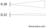 Preview: The image displays two schematic drawings of conical shapes. The upper one is a wider form labeled with 0.18 mm, and the lower one is narrower, marked with 0.12 mm. On the right, it says 