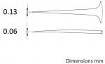 Preview: Das Bild zeigt zwei spitz zulaufende Formen, die unterschiedlich dick sind. Die obere Form hat eine Dicke von 0,13 mm, die untere von 0,06 mm. Rechts steht 