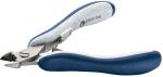 Preview: The image shows a nail clipper with blue rubber handles. The clipper has a shiny, metallic blade and is opened halfway, ready for cutting.