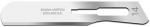 Preview: The image displays a scalpel-like, sharp, silver instrument with a straight blade and a handle featuring an opening. Details of the manufacturer and number are engraved on it.