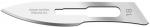 Preview: The image displays a sharp, shiny metal scalpel blade with a curved edge. On the side, the words 