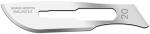 Preview: The image shows a surgical blade, flat and narrow, made of shiny steel. The blade has a wide cutting edge and a round tip. There are markings engraved on the blade.
